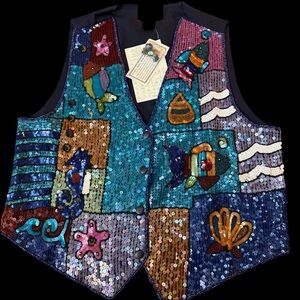 Vintage Quacker Factory Sequin Vest with Blue and Purple Accents
